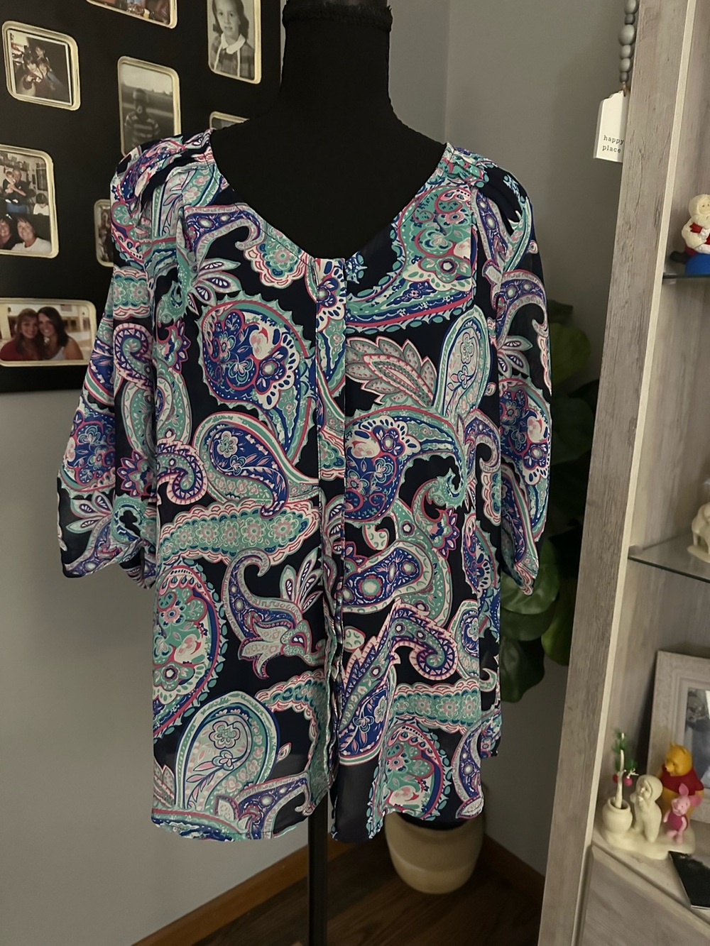 Skies Are Blue Navy Paisley V-Neck Blouse with Turquoise & Pink Accents